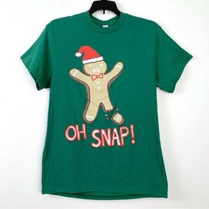 Oh Snap gingerbread Christmas tee, green with broken gingerbread man size medium